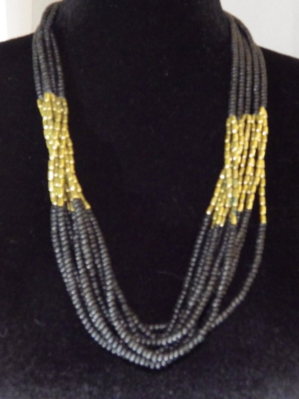 Vintage Black & Brass Beaded Necklace 29" 629F2